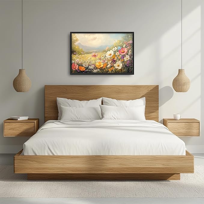Wildflower Framed Wall Art for Living Room, Large Gesang Flower Canvas Wall Decor, Wildflower Pictures Painting, Modern Landscape Artwork for Bathroom Bedroom 36L'' × 24W''