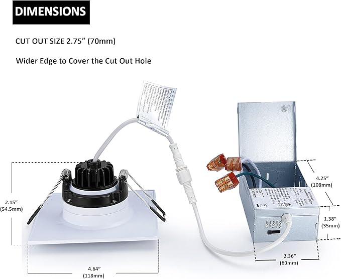 Canless Recessed Gimbal Downlight Rotatable-Spotlight 5 CCT 4 Inch Eyeball Ceilling Potlight, Dimmable Lights Fixture with Junction Box, 8W CCT Adjustable, White Square Trim, with Baffle, 6P