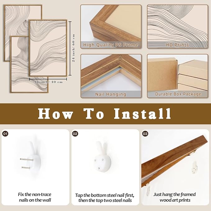 Neutral Abstract Wall Art Framed Modern Beige Wave Wall Decor for Bathroom Living Room Bedroom 16x24 Inch Set of 3