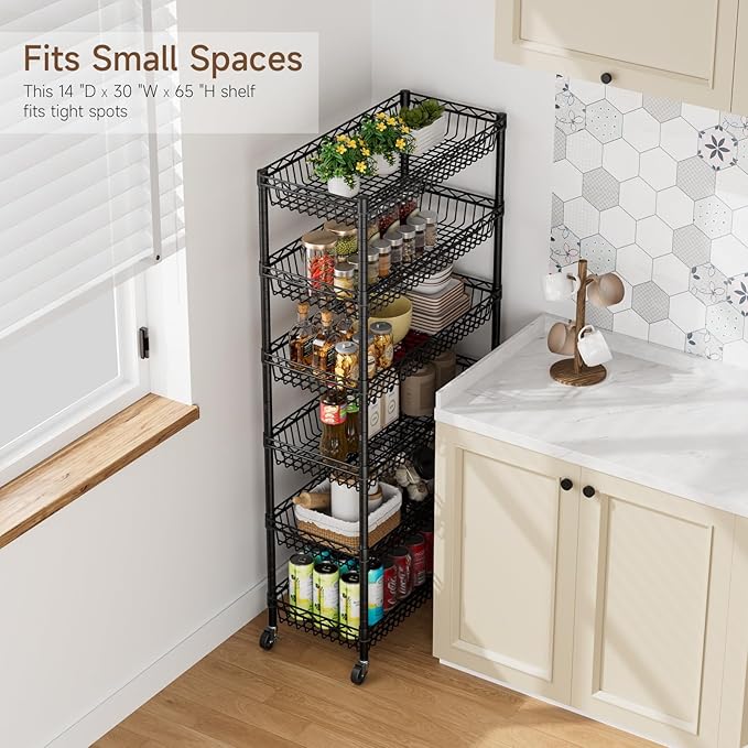 6 Shelves Storage Shelf Wire Closet Bathroom Organizers Metal Pantry Kitchen Garage Shelving Unit Laundry Room Organization Home Rack Net Basket Black with Wheels 30" Dx14 Wx65 H