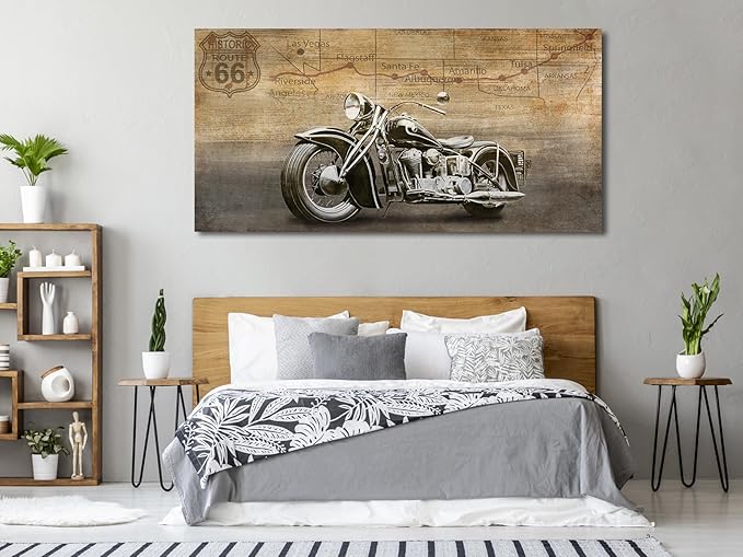 arteWOODS Vintage Motorcycle Canvas Wall Art - Historic Route 66 Retro Vehicle Pictures for Men Boys Bedroom Wall Decor Modern Motorcross Canvas Print Artwork Home Office Wall Decoration 29" x 58"