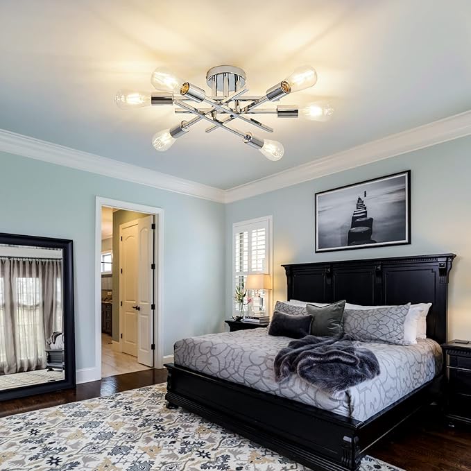 ASGYISA 6-Lights Semi Flush Mount Ceiling Light Fixture Modern Chrome Matte Sputnik Chandelier Farmhouse Ceiling Lighting for Kitchen Bedroom Dining Room Living Room