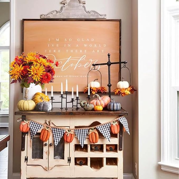 2 Bundles Artificial Fall Flowers Mixed Bush Artificial Chrysanthemum with Fake Roses Autumn Faux Flowers for Cemetery Grave Home Office Wedding Floral Arrangements Decor (19.29")