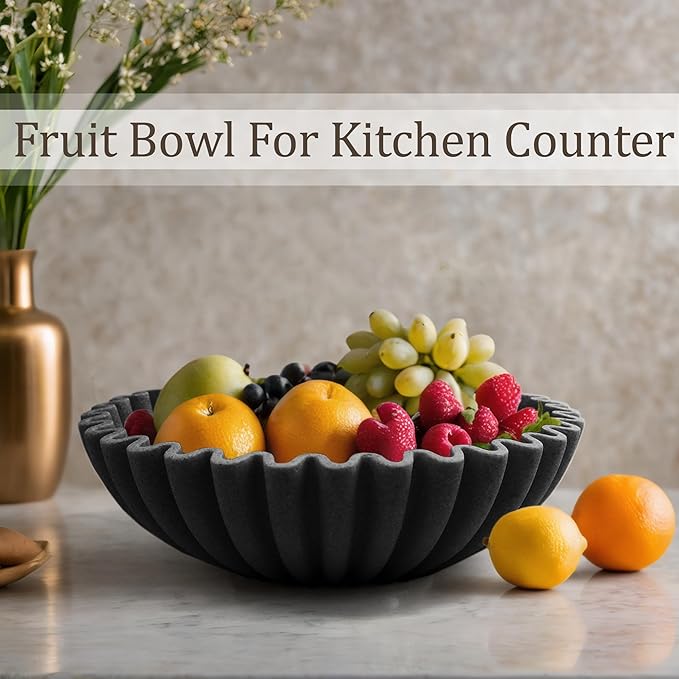 Ruffle Decorative Bowl, Large Fruit Bowl for Kitchen Counter, Stylish Key Bowl for Entry Table, Handcrafted Home Decor Display bowl, Artificial Stone Black
