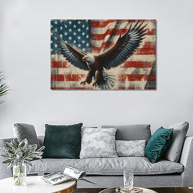 Large Bald Eagle Wall Art American Flag and Eagle Pictures Wall Decor Patriotic Motivational Bedroom Sign Canvas Painting Prints Modern Home Decoration Artworks Framed for Living Room Office 24"x16"