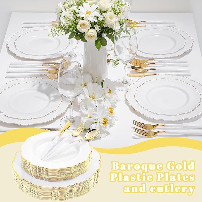 WDF 30Guest Gold Plastic Plates - High-end Baroque Design - 10.25&7.5in Wedding White and Gold Plates Disposable for Thanksgiving Parties/Wedding