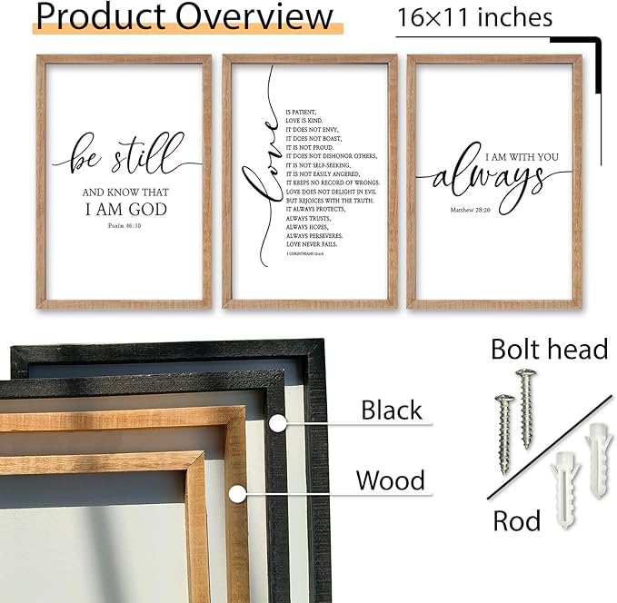 SRSZHIYUE Bible Verses Wall Decor Be Still Love Is Patient I Am With You Always 16"×11" Set of 3 Wooden Framed Scripture Living Room Wall Hanging Art (Wood)