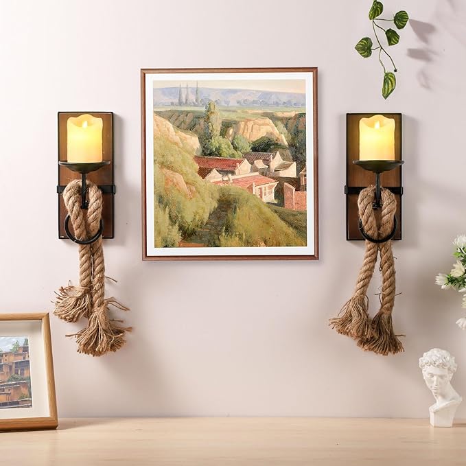Wall Sconce Candle Holder Black Wall-Mount Metal and Wooden Candle Holders Hanging Iron Wall Candle Sconce Holder and use Hemp Rope Decoration,for Home,Living Room, Bathroom, Dining Room, Set of 2
