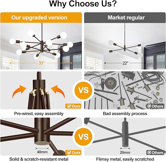 Sputnik Chandeliers Dining Room Light Fixture (12-Light, 33-Inch), Modern Brown and Gold Chandelier, Height Adjustable Mid Century Modern Chandeliers for Dining Room Kitchen Bedroom