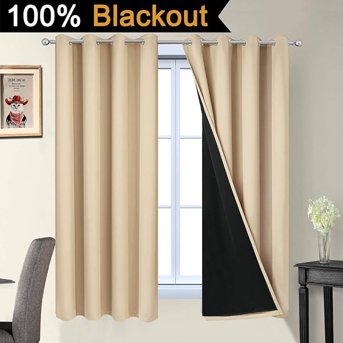 Yakamok Home Decor Thermal Insulated Full Blackout Drapes, 2-Layer Lined 100% Blackout Curtains with Black Liners, Energy Efficiency Window Draperies for Bedroom(52Wx63L, Beige, 2 Panels)