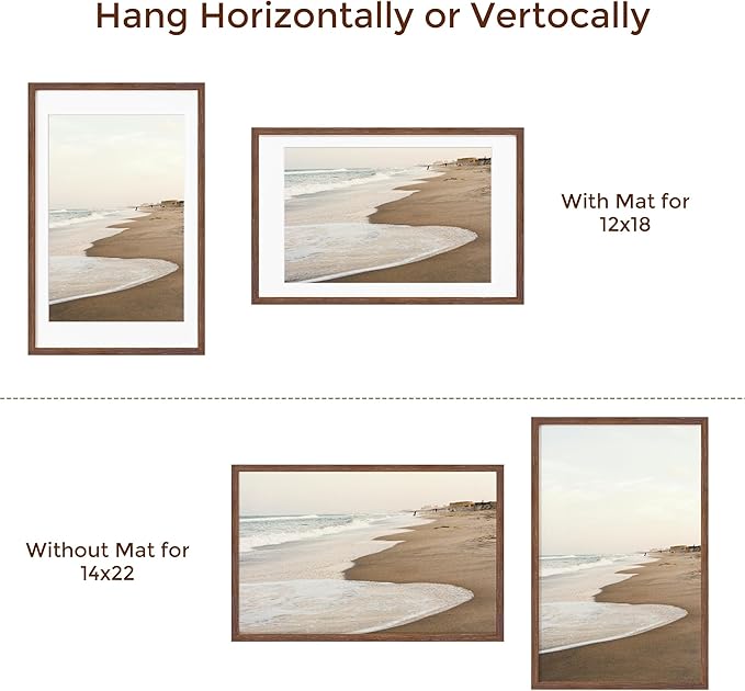 14x22 Oak Wood Picture Frame, 14"x22" Picture Frame Matted to 12"x18", Photo Frame 14 x 22 with Real Glass, 14x22 Wood Frame for Vertical or Horizontal Hanging (Walnut Color, 1 Pack)