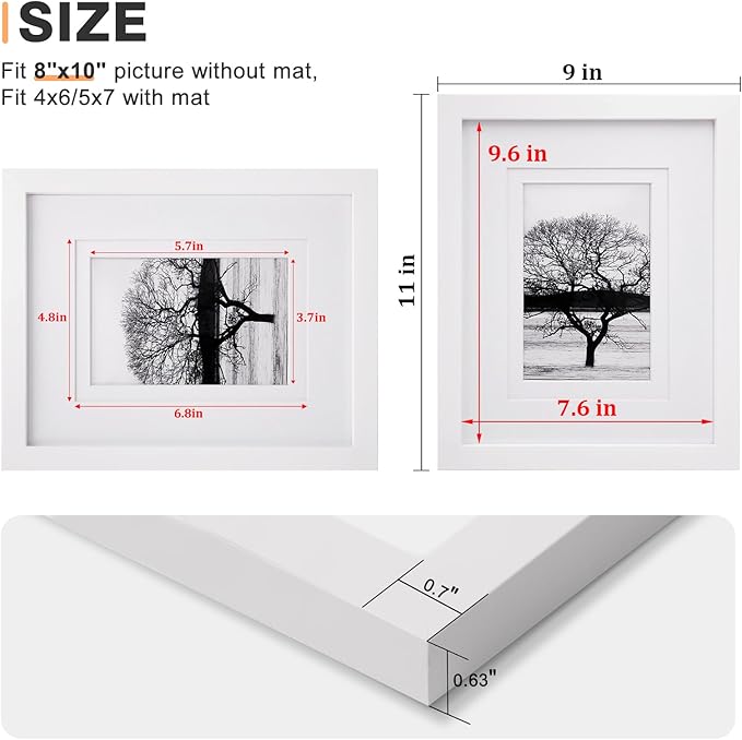 Egofine 8x10 Picture Frames Set of 4, Made of Solid Wood Covered by Plexiglass 4x6 and 5x7 with Mat or 8x10 without Mat, for Table Top Display and Wall Mounting Photo Frame White