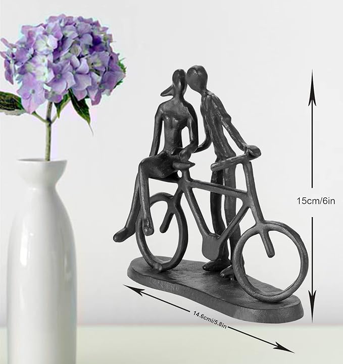 Bike Couple Figurine Statue - Art Metal Sculpture Decor Anniversary - Romantic Gift for Wedding and Anniversary - for Him,Her and Bicycle Lovers, Metal Ornament Couple Statues for Home Decor
