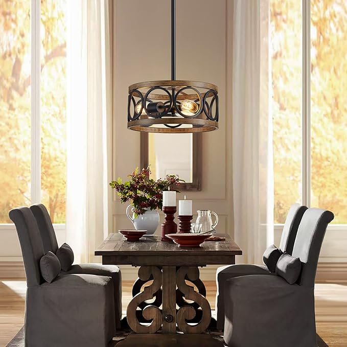 XINGQI Farmhouse Drum Pendant Light Modern 3-Light 13" Chandeliers for Dining Room, Vintage Retro Metal Hanging Light Fixtures for Entryway, Bedroom, Matte Black + Wood Grain Finish
