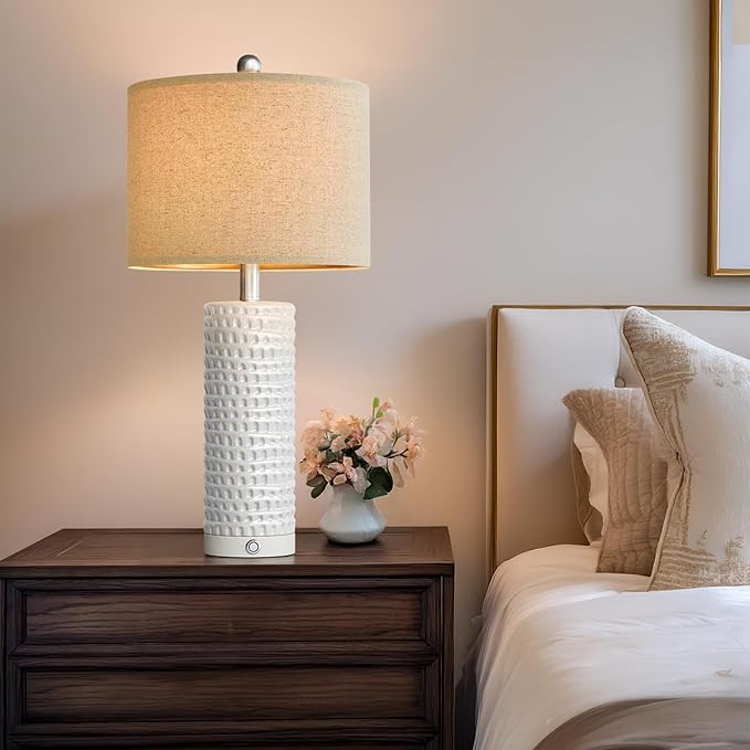 PORTRES 24" Modern Ceramic 3-Way Dimmable Touch Table Lamp Set of 2 for Bedroom White Farmhouse Bedside Lamps with USB A+C Charging Ports for Living Room Nightstand Lamp End Table Lamps