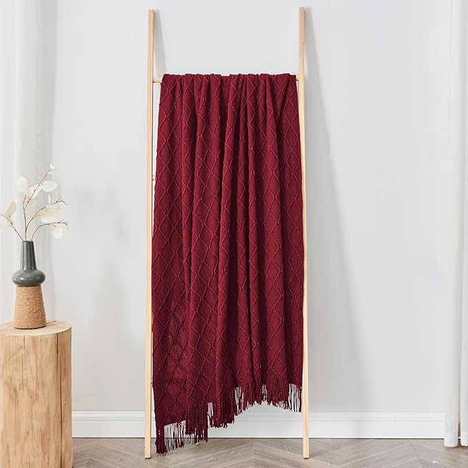 inhand Knitted Throw Blankets for Couch and Bed, Soft Cozy Knit Blanket with Tassel, Claret Lightweight Decorative Blankets and Throws, Farmhouse Warm Woven Blanket for Men and Women, 60"x80"