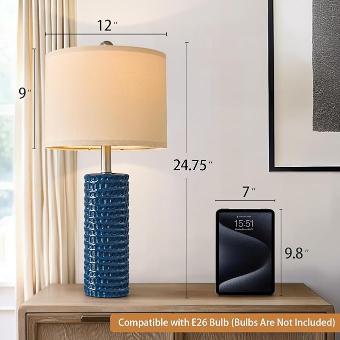PORTRES 24.75" Modern Accent Ceramic Table Lamp Set of 2 for Bedroom Desk Decor Bedside Lamps for Living Room Study Room Office Dorm Farmhouse Nightstand Lamp End Table Lamps (Blue)