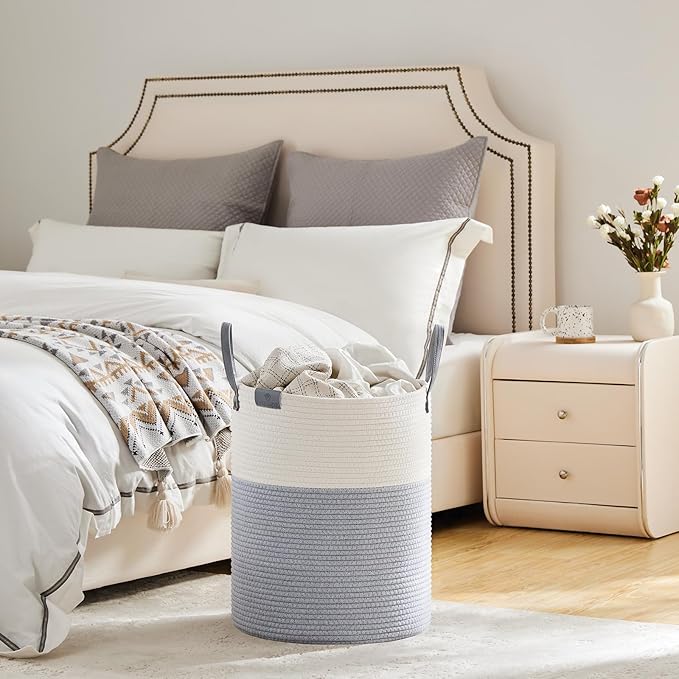 VIPOSCO Tall Laundry Basket, Large Dirty Clothes Hamper with Leather Handle, Woven Rope Storage Basket for Blanket, Toy In Living Room, Bathroom, Bedroom - 53L Grey & White