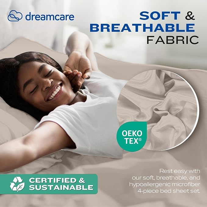 DREAMCARE Twin XL Sheets Set - 4 Pcs Cooling Bed Sheets with Up to 15" Deep Pockets - Soft, Long-Lasting 100% Brushed Polyester with Side Pocket (Beige)