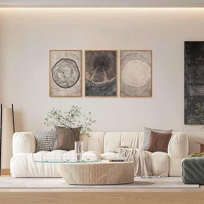 CHDITB Tree Ring Wall Art Set of 3, 24"x36" Large Modern Wood Stump Wall Decor, Abstract Black and White Wall Painting, Neutral Nature Art Print for Living Room, Bedroom, Office, Dinning Room