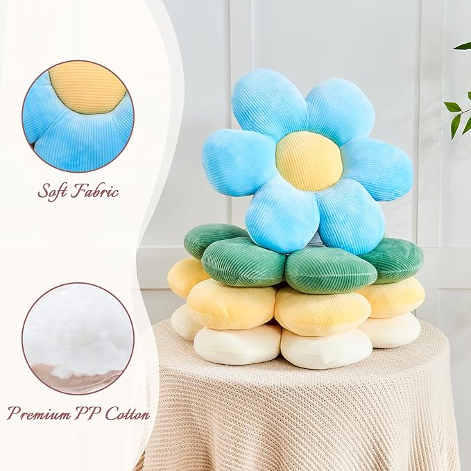 Blue Flower Pillow, 14.9" Cute Flower Shaped Floor Pillow, Aesthetic Floral Plush Daisy Decorative Throw Pillows for Bed Sofa Couch