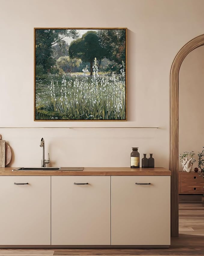 InSimSea Square Framed Canvas Wall Art, Classical Scenery Prints Landscape Floral Flowers Oil Paintings, Vast Meadow Home Wall Decor for Living Room, Bedroom, Bathroom, Office 24"x24"