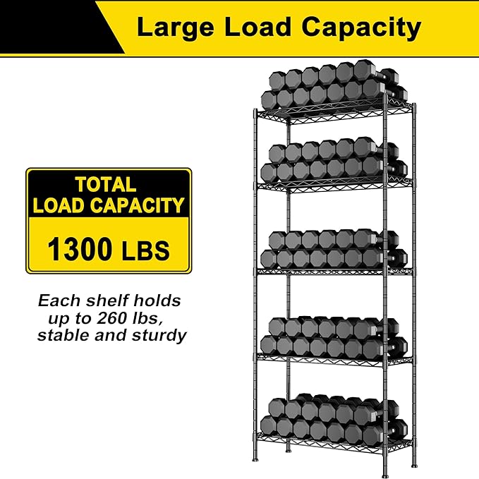 GIOTORENT 5-Wire Garage Shelving Storage Shelves, Metal Shelf Organizer 1400Lbs Capacity, Kitchen Storage Adjustable Shelf for Laundry Bathroom Pantry Closet, Black 30.2''L x 14.2''W x 79.1" H