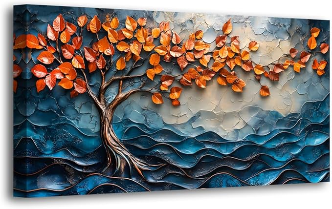 Tree of Life Canvas Wall Art Bedroom Wall Decor Living Room,Abstract Wall Art Office Kitchen Paintings Artwork Modern Blue Wave Leaf Pictures Art Prints Waterproof Ready to Hang-20x40inch