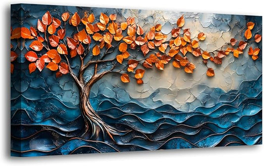 Tree of Life Canvas Wall Art Bedroom Wall Decor Living Room,Abstract Wall Art Office Kitchen Paintings Artwork Modern Blue Wave Leaf Pictures Art Prints Waterproof Ready to Hang-20x40inch