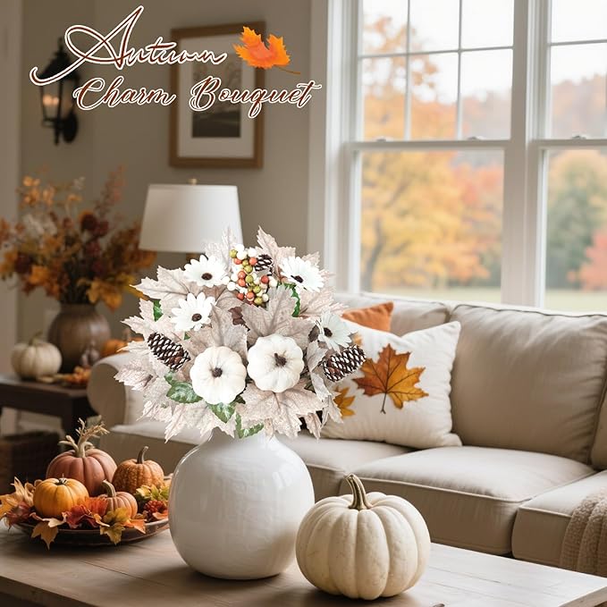Artmag 2PCS Fall Artificial Flowers Decoration Maple Leaf Stem Pumpkin Branch Sunflower and Berries for Fall Thanksgiving Home Kitchen Festival Decoration (White)