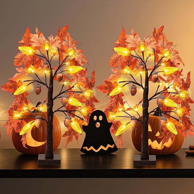 Fall Maple Leaf Table Lighted Tree - Thanksgiving Decorations 2 Pack Home Decor with 48 LED Lights for Indoor Outdoor Room Decoration Artificial Harvest Autumn Trees Battery Operated for Home Party