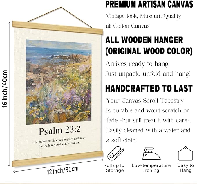Vintage Christian Canvas Poster, Psalm 23:2 Canvas Poster Wood Hanger, Christians Wall Art, Bible Verse Posters, Modern Canvass Posters Decors, Home Decor Accent, Christian Gift