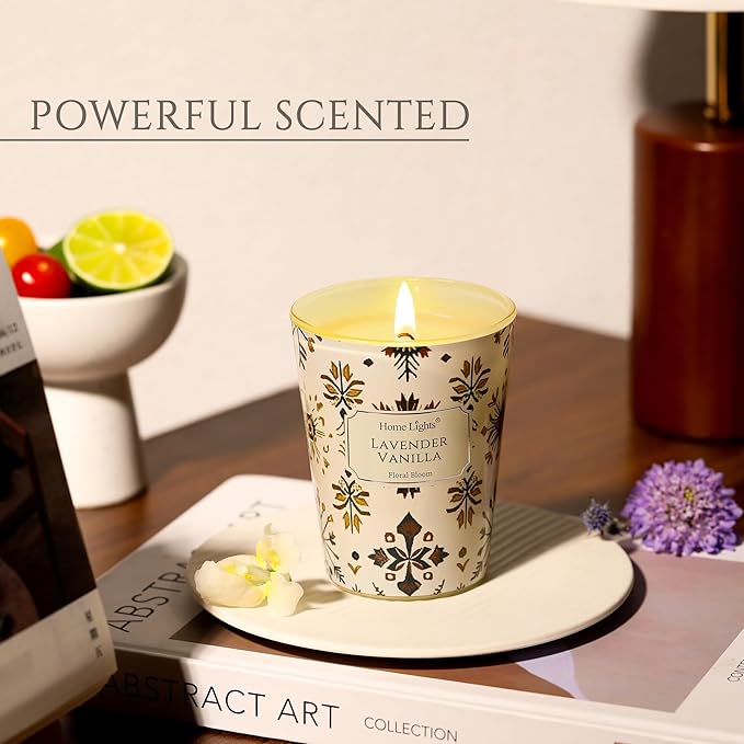 HomeLights Soy Wax Candles for Home Scented, 1-Wick Candles in Lavender Vanilla Scented, Aromatherapy Candles Gift for Parties, Relaxing, Bohemian Natural Textures, 6.7oz