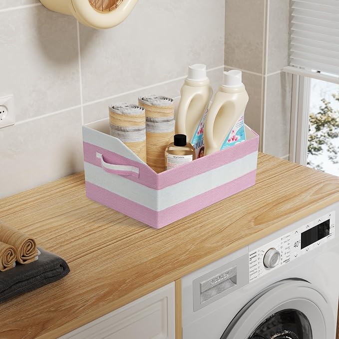 Linen Closet Organizers and Storage, Trapezoid Fabric Bins, Home Office Organization Baskets Striped Collapsible Box with Handles for Clothes, Blanket, Books, DVD, 4 Pack, Pink/White