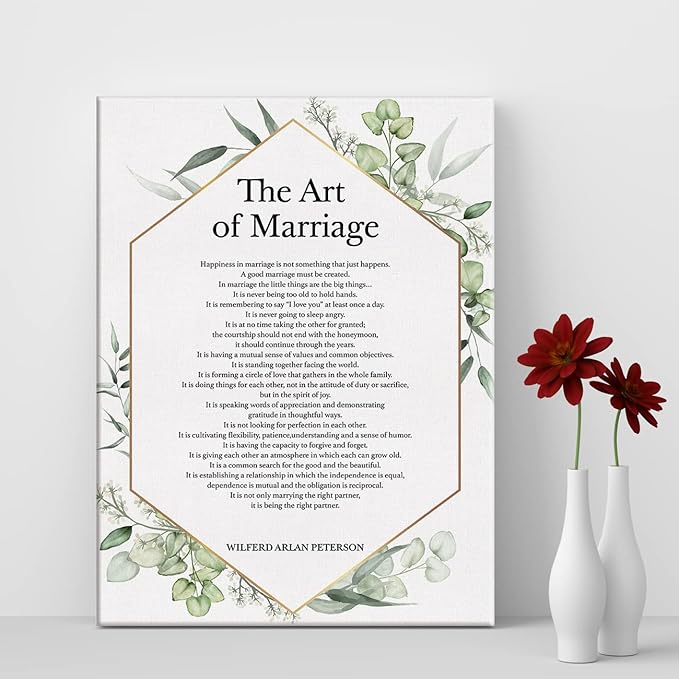 LEXSIVO the Art of Marriage Print Canvas Wall Art Home Decor Happiness in Marriage is Not Something Painting 12x15 Canvas Poster Framed Ready to Hang Wedding Engagement Gift