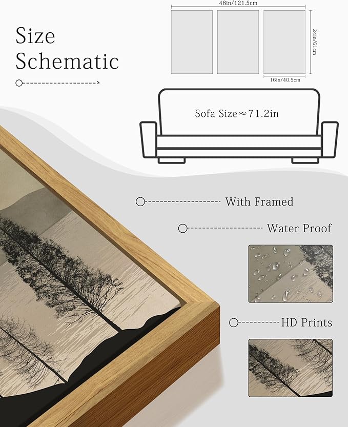 KUVIOKE Vintage Landscape Framed Wall Art Mountain Range Wall Decor Ink Wash Watercolor Nature Laker Sun Rises Prints Bedroom Living Dining Room Ready to Hang 16x24in (Natural Framed)