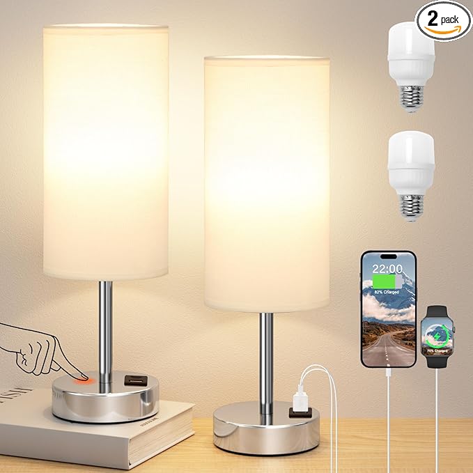 Bedside Table Lamps for Bedroom Set of 2 - Touch Lamp for Nightstand with USB-A+C Charging Ports - 3 Way Dimmable Small Desk Lamp White for Office, Dorm Room, Living Room, Reading, Nursery