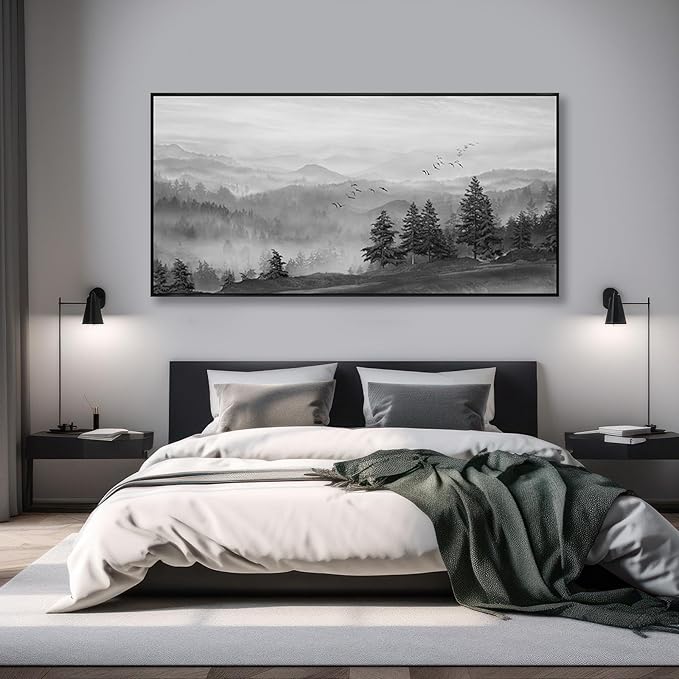 Kureful Large Wall Art Office Decor Mountain Wall Art Bedroom Decor 30"x 60" Room Decor Trees Canvas Picture Painting Grey Artwork for Bathroom Modern Home Decoration