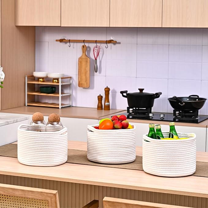 Small Storage Baskets for Organizing, Organizer Baskets for Shelves, Woven Basket for Storage, Cute Basket for Gifts Empty, Cotton Rope Baskets, 9.7"×9.7"×7" (3 Packs) Off White