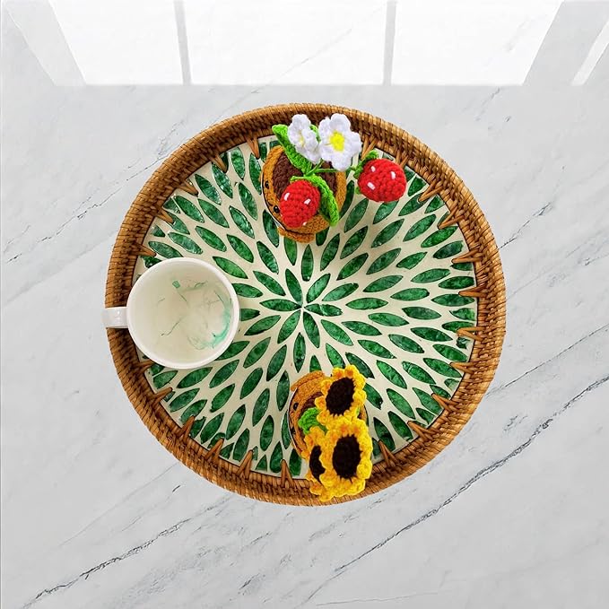 11.81" Round Rattan Mother Pearl Inlay Tray | Decorative Wooden Base for Fruit Serving, Coffee Table, Storage and Display Organizer (Green Leaf 13.8)