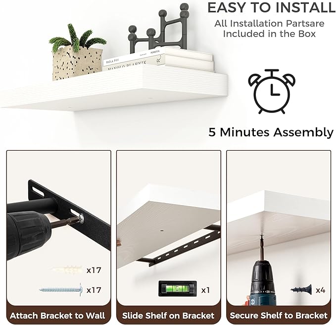 Floating Shelves for Wall, Large Wall Mounted Shelves with Invisible Brackets, Long Wood Floating Shelf for Living Room, Bedroom, Kitchen, (White, 72" W x 9" D x 1.5" H)