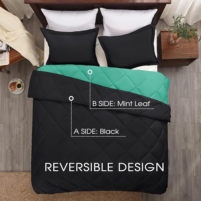 Basic Beyond California King Comforter Set, Black/Mint Leaf Comforter Set Cali King for All Seasons, 1 Comforter 104"x96" and 2 Pillow Shams 20"x36"+2"