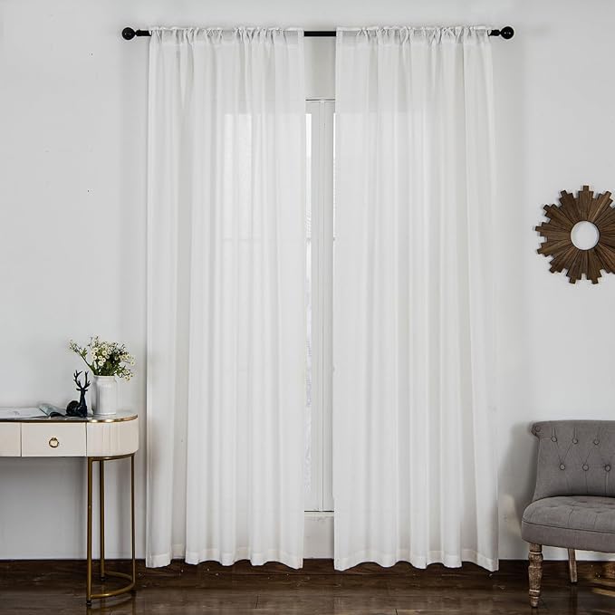 Off White Thick Linen Semi Sheer Curtains 102 Inches Long, 50 Inches Width, Elegant Light Filtering Drapes Set of 2, Floor to Ceiling Window Curtain with Hooks for Track System