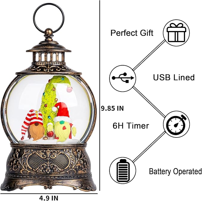 Christmas Snow Globe Lighted Gnomes Santa Elf Christmas Tree Scene, Musical Snow Water Lantern Swirling Glittering Home Decoration and Gift, Battery Operated or USB Powered
