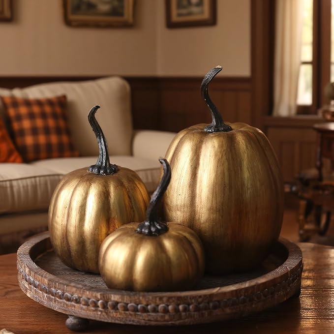 Janinka 3 Pcs Fall Antique Gold Pumpkin Decor Vintage Retro Fake Pumpkin Figurines Fall Thanksgiving Pumpkins for Home Decor Farmhouse Harvest Halloween Table Centerpiece