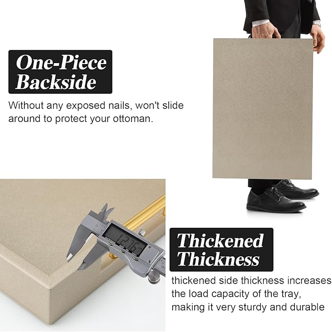 Champagne Faux Leather Serving Tray with Handles,17x12 inches, Large Decorative Tray for Ottoman Coffee Table Decor Living Room, Kitchen, Bathroom