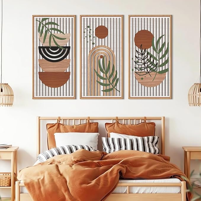 IARTTOP Large Boho Wood Wall Art Framed 16x32 Inch Mid century Modern Wooden Wall Decor Abstract Bohemian Minimalist Art Decor for Bedroom Living Room Office Set of 3