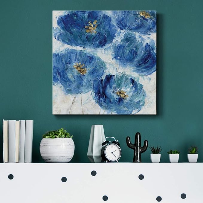 Wexford Home Square Premium Gallery Wrapped Canvas Flower Multicolor Wall Art Abstract Floral Romance Modern Pictures Print for Home Office, Ready to Hang, blue floral fleck, 10x10