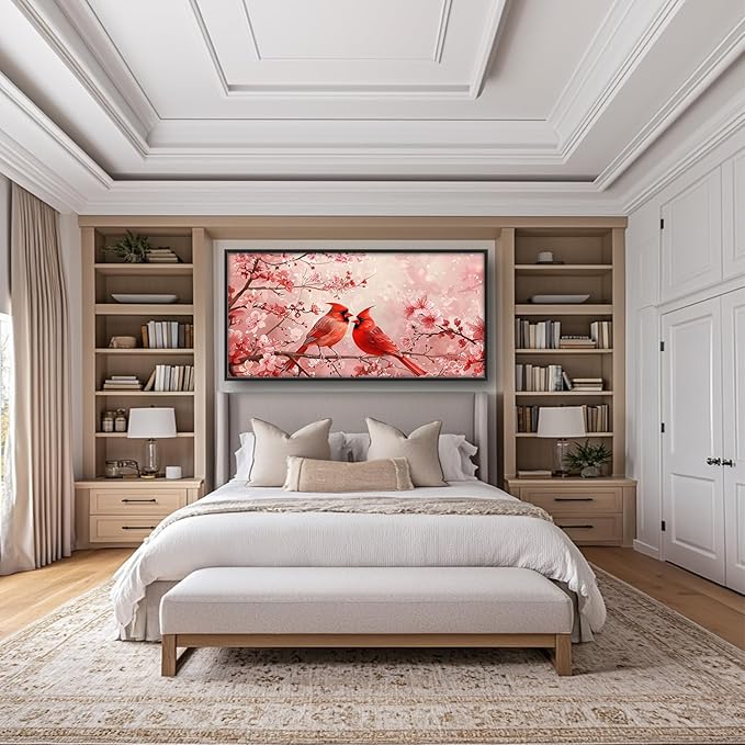 Flintis Large Cardinals Wall Art Red Cardinals Pictures Wall Decor Abstract Animal Canvas Painting Print Artwork Decoration Framed for Living Room Bathroom Master Bedroom Office Dining 60L x 30W