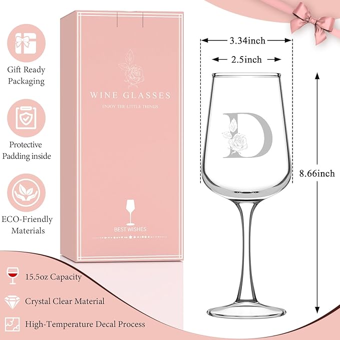 Monogrammed Wine Glass Gifts for Women - Personalized A-Z Wine Glasses with Gift Box & Greeting Card | Custom Mothers day, Anniversary, Birthday Gifts for Her, Mom, Wife, Best Friend, Sister,Woman (D)